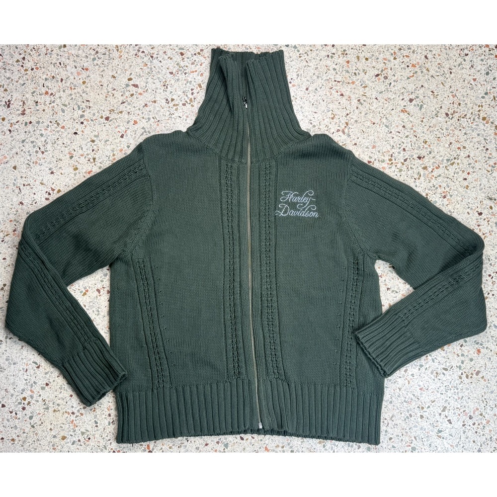 Harley Davidson Women's Full Zip Embroidered Turtle Neck Green Sweater Size 2W